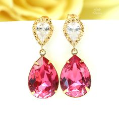 "Pink Earrings Gold Earrings Fuchsia Earrings Hot Pink Earrings Swarovski Crystal Cubic Zirconia 16k Gold Plated Magenta Earrings Beautiful, romantic and sparkling Swarovski Hot Pink Teardrop Crystal and Gold Earrings. The versatile crystal emits classic romance with its elegant and timeless, yet modern, appeal. I made these gorgeous Earrings with: - 18x13mm genuine Rose Pink Swarovski teardrop pear shaped fancy stones, set in gold plated settings - Hypoallergenic and tarnish resistant, 16k gold Pink Clip-on Jewelry For Anniversary, Elegant Pink Clip-on Earrings For Anniversary, Pink Elegant Clip-on Earrings For Anniversary, Pink Earrings For Anniversary, Pink Clip-on Earrings For Anniversary, Pink Clip-on Earrings As Gift, Elegant Pink Dangle Clip-on Earrings, Pink Clip-on Dangle Jewelry, Pink Clip-on Drop Earrings