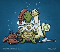 an image of two sea turtles and one crab holding a sign that says save our oceans