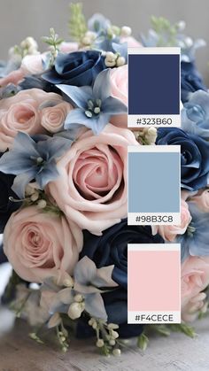 a wedding bouquet with blue and pink flowers on the bottom is featured in this color scheme