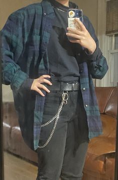 flannel over black turtleneck jeans necklace and belt casual grunge eboy egirl outfit Black Turtleneck Flannel Outfit, Layered Necklaces Guys, Blue Shirt Outfit Men Aesthetic, Flannel Reference, Blue Masc Outfits, Aesthetic Male Outfits Grunge, Blue Aesthetic Outfit Men, Turtleneck Outfit Layering Men, Black Turtleneck Outfit Men