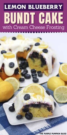 lemon blueberry bundt cake with cream cheese frosting is on a white plate