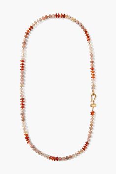 A hypnotizing mix of carnelian, rutilated quartz, and sunstone adorn this long necklace featuring a rectangular citrine and gold hook detail. A bold silhouette, perfect on its own. 18k gold plated sterling silver. 29 1/2" in length. Handmade in Vietnam. Luxury Citrine Gemstone Beads Jewelry, Luxury Carnelian Gemstone Beads Necklace, Citrine Jewelry, Length Necklace, Stunning Necklace, Rutilated Quartz, Gold Details, Gold Plated Sterling Silver, Long Necklace