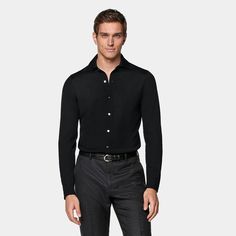 This black long-sleeve polo cardigan is tailored in a slim fit and features a polo collar, a full placket with a 7-button closure, and lightweight fabric for comfortable, stylish wear. Fitted Polo Collar Shirt For Semi-formal Occasions, Elegant Formal Cardigan With Lapel Collar, Formal Fitted Polo Shirt With Spread Collar, Formal Polo Collar Top With Placket, Formal Tops With Polo Collar And Placket, Modern Fitted Cardigan For Workwear, Slim Fit Long Sleeve Outerwear With Buttons, Classic Fitted Polo Shirt For Workwear, Long Sleeve Polo Shirt With Buttons For Work