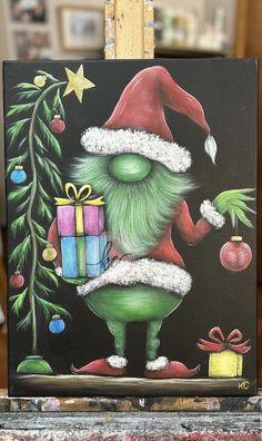 a painting of a green man holding a christmas present