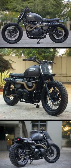 three different views of a black motorcycle parked in front of a building with trees and bushes