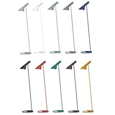 six different colored floor lamps on a white background