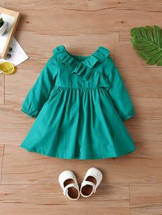 Green Long Sleeve Dress For Playtime, Green Dresses, Ruffle Hem Dress, Girls Fashion, Hem Dress, Baby Clothing, Ruffle Trim, Ruffle Hem, Baby Dress