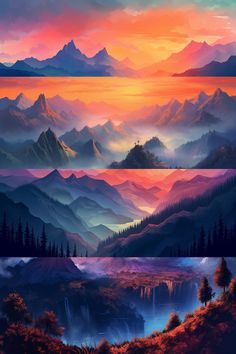 three different views of mountains and trees at sunset