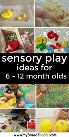 a collage of different activities for babies and toddlers with text overlay that reads, sensory play for babies 6 months +