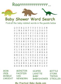 a baby shower word search with dinosaurs