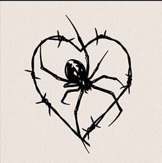 a black and white drawing of a spider in a heart