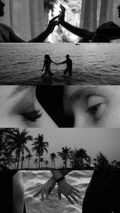 black and white images with two people holding hands in front of the ocean, palm trees