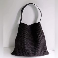 Black Raffia Crochet Bag With Shoulder Leather Strap; 2 Inner Pockets With Zippers And Magnetic Snap Closure; Dimensions: 18 X 17 Inches (44 40 Cm); Made In Europe. Raffia Crochet Bag, Raffia Crochet, Crochet Bag, Snap Closure, Leather Straps, Bag Lady, Shoulder Bag, My Style, Crochet