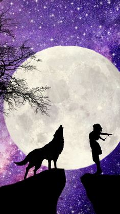 two people standing on top of a cliff with a wolf in front of the moon