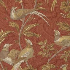 two birds sitting on top of a tree branch in front of a red wallpaper