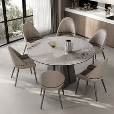 a dining table with chairs around it in the middle of a white floored room