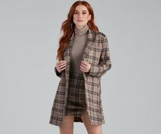 As if this plaid trench wouldn't become your new fave all season! It features long sleeves. a lapel collar. an open-front design. side pockets. and a longline hem. Composed of faux suede fabric with a minimal stretch. Style with the matching skirt.Shop The Matching Skirt: Clueless In Plaid Faux Suede SkirtFit & Features Long sleeves. lapel collar Open-front design Plaid pattern Side pockets Longline hem Faux suede fabric. minimal stretch Fits true to size