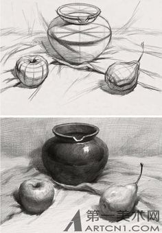 two drawings of apples and a vase sitting on top of a table next to each other