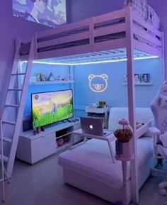 a bedroom with bunk beds and purple lighting on the ceiling is decorated in anime style