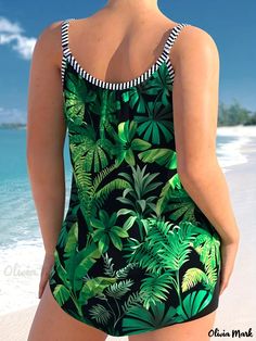 Olivia Mark - Two-Piece Plus Size Boho Tankini Set for Women - Featuring a Tropical and Stripe Print Tie Front V-Neck Cami Top and Shorts Swimsuit. Green V-neck Tankini For Vacation, Green Tropical Print Tankini For Vacation, Casual Green Tankini For Vacation, Green V-neck Tankini For Summer, Green V-neck Summer Tankini, Shorts Swimsuit, Plus Size Boho, Tankini Set, Printed Ties