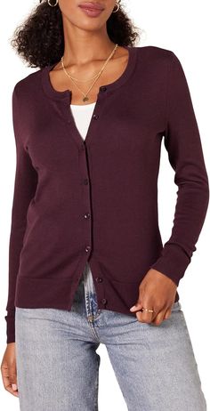 Amazon.com: Amazon Essentials Women's Lightweight Crewneck Cardigan Sweater (Available in Plus Size), Black, X-Large : Clothing, Shoes & Jewelry Camo Cardigan, Angora Cardigan, Duster Cardigan Sweater, Sweater Duster, Fitted Cardigan, Drape Cardigan, Amazon Essentials, Ribbed Cardigan, Burgundy Sweater