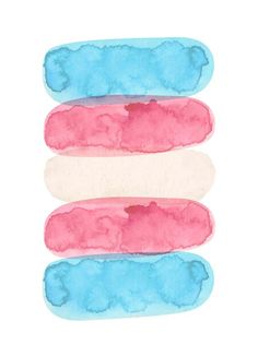 three different colors of toothpaste on a white background with watercolor stains in the middle