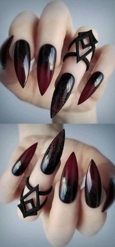 Witchy Nails, Gothic Nails, Goth Nails, Almond Acrylic Nails, Nails Polish, Manicure Ideas, Nail Styles