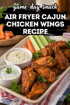 A bowl of crispy, golden brown Cajun chicken wings in an air fryer. The wings are seasoned with a vibrant red spice blend, and a pair of tongs is reaching in to grab one of the wings.