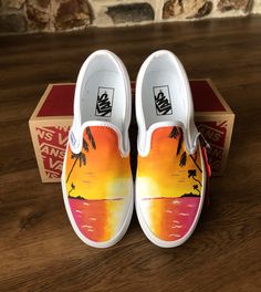 Painted by hand #sunset #sunrise #beach #vans #customvans Customized Canvas Shoes, Off The Wall Vans, Artsy Shoes, Vans Shoes Fashion, Tennis Vans, Shoe Painting, Painting Shoes, Painted Shoes Diy, Vans Slip On Shoes