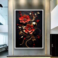 an art piece with red flowers and gold leaves on it in a modern living room