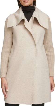 Kenneth Cole New York Rib Sleeve Mixed Media Coat | Nordstrom Medium Coat, Oversized Collar, Wool Blend Jacket, Casual Jackets, Knit Sleeve, Wool Blend Coat, Funnel Neck, Wool Fabric, Jacket Sale