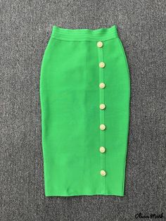 Olivia Mark - Elegant and Fashionable Bandage Skirt with Metal Buttons, Knee-length Solid Color Bandage Skirt, Wide Leg Palazzo Pants, Chiffon Overlay, Brown Outfit, Types Of Skirts, Metal Buttons, Petticoat, Olivia Mark, Green Color