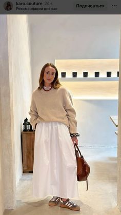 Hot Humid Outfits, Monochromatic Outfit Cream, Long Skirts And Sneakers Outfit, White Skirt With Sweater, Scandinavian Office Outfit, White Poplin Skirt Outfit, Tradwives Outfits, Outfit For Japan, Classic Casual Outfits For Women