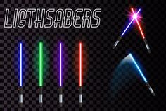 four different lightsabers on a dark background with the words, light sabers