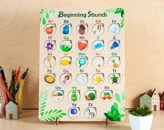 the beginning sound board is next to some pencils and markers on a wooden table