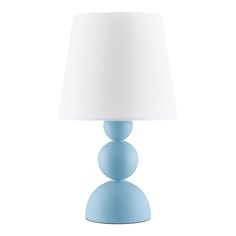 a light blue table lamp with a white shade on the top and bottom part of it