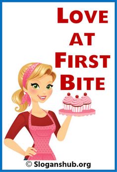 a woman holding a pink cupcake with the words love at first bite