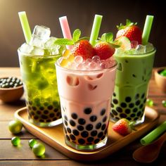 Grüner Tee Bubble Tea mit Erdbeersirup Drink Boba, Cute Bubble Tea, Bubble Tea Aesthetic, Bubble Milk Tea, Tea Brands, Kawaii Food, Cake Shop