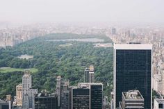 an aerial view of the city skyline with skyscrapers and trees