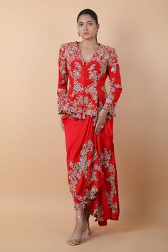 Red top with floral, thread and resham embroidery. Comes with a skirt. - Aza Fashions Fitted Brocade Sets With Floral Embroidery, Formal Red Traditional Wear With Unstitched Blouse, Red Saree Set With Floral Embroidery, Red Floral Embroidered Saree Set, Floral Embroidered Brocade Sets, Red Long Sleeve Reception Dress, Red Brocade Sets With Traditional Drape, Red Brocade Sets With Intricate Embroidery, Red Embroidered Brocade Set