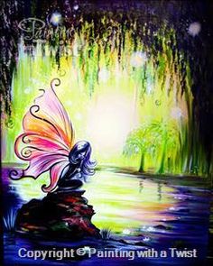 a painting of a fairy sitting on top of a body of water with trees in the background