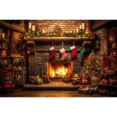 a christmas fireplace with stockings hanging from it's sides and presents on the mantle