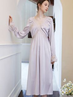 Elegant V-neck Sleepwear With Delicate Lace, Elegant V-neck Nightgown, Elegant Lace V-neck Nightgown, Feminine Lace V-neck Nightgown, Spring V-neck Nightgown With Lace Trim, Satin Sleepwear, Vintage Princess, Lace Slip Dress, Lace Slip