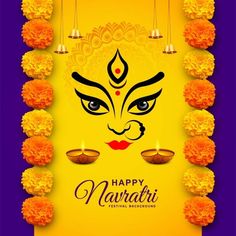 happy navrathri greeting card with candles and flowers on purple background for diwaling