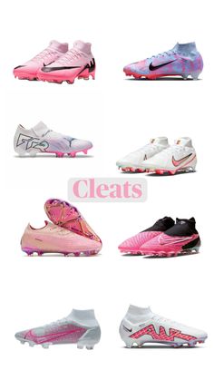 many different types of shoes are shown in this image with the words cleats above them