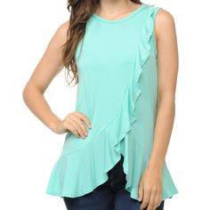 Mint A Symmetrical Ruffle Top Color: Mint 58% Polyester 42% Modal Hand Wash, Hang Dry Made In Usa Small 0-4 Medium 6-8 Large 10-12 X-L 12-14 Casual Asymmetrical Ruffle Tops, Casual Asymmetrical Ruffled Tops, Spring Asymmetrical Blouse With Ruffles, Summer Blouse With Ruffles And Asymmetrical Hem, Ruffled Tops With Asymmetrical Hem, Spring Blouse With Ruffles And Asymmetrical Hem, Sleeveless Stretch Top With Ruffle Hem, Stretch Sleeveless Top With Ruffle Hem, Hanging Dryer