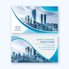 two business card templates with cityscape in the back and blue waves on the front