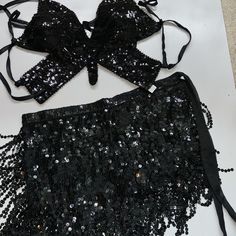 Black 2 Pc Sequin Butterfly Halter Top/Wrap Skirt Coverup Set One Size New Party Wrap Skirt, Black Mini Wrap Skirt For Party, Fitted Black Wrap Skirt For Night Out, Black Party Wrap Mini Skirt, Black Sequined Bottoms For Festival, Black Skirt For Costume Party And Party Season, Sequin Butterfly, Skirt Coverup, Cell Phone Holster