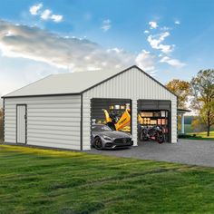 two cars are parked in the garage with their doors open