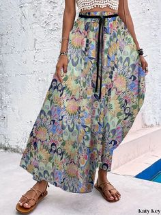 Katykey - Chic and Elegant Floral Print Drawstring Skirts - Fashionable High Waist Pleated Skirts for Womens Wardrobe Multicolor Printed Long Skirt, Casual Ankle-length Beach Skirt, Casual Ankle-length Skirt For Vacation, Casual Printed Maxi Skirt For Summer, Multicolor Non-stretch Maxi Skirt For Beach, Casual Maxi Skirt For Vacation, Ankle-length Summer Skirt For Vacation, Casual Green Long Skirt, Tie Waist Long Skirt For Summer